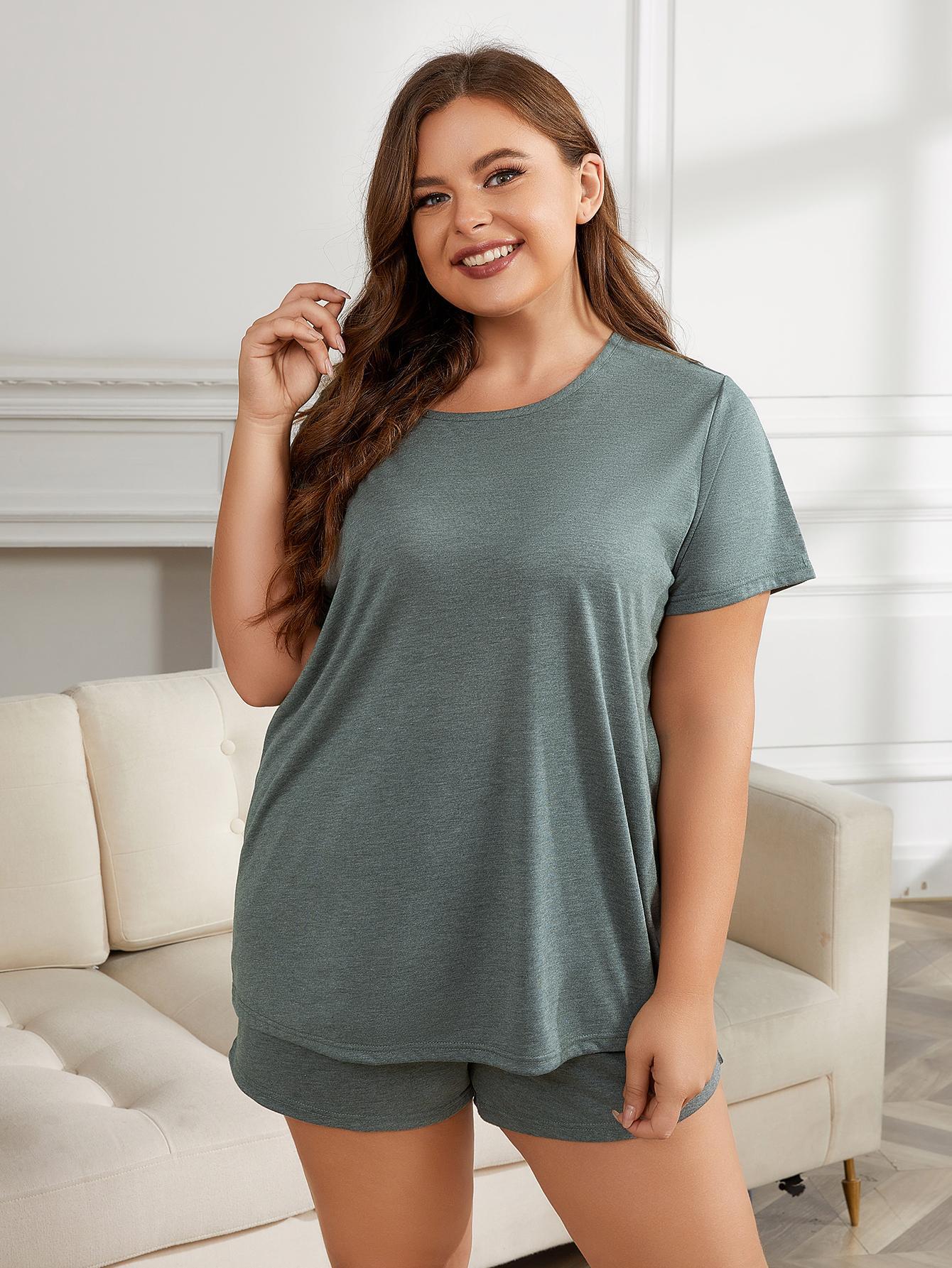 Plus Size Round Neck Short Sleeve Two-Piece Loungewear Set BLUE ZONE PLANET