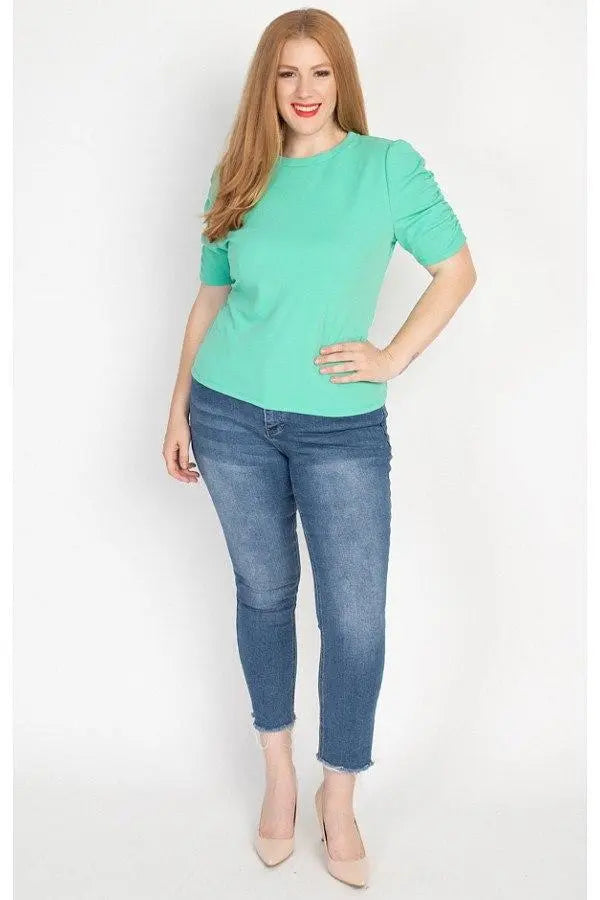Plus Size Ruched Short Sleeve Shirts Blue Zone Planet