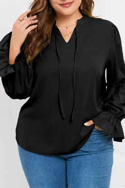 Plus Size Ruffled Tie Neck Flounce Sleeve Blouse BLUE ZONE PLANET