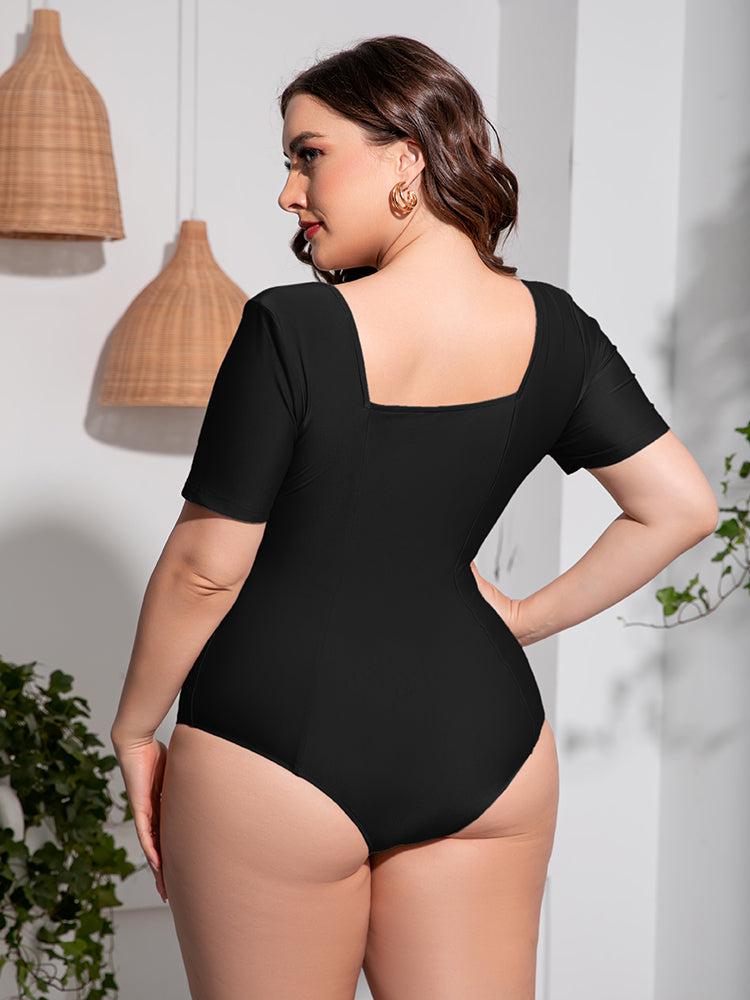 Plus Size Scoop Neck Short Sleeve One-Piece Swimsuit BLUE ZONE PLANET