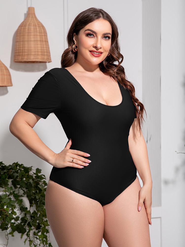 Plus Size Scoop Neck Short Sleeve One-Piece Swimsuit BLUE ZONE PLANET