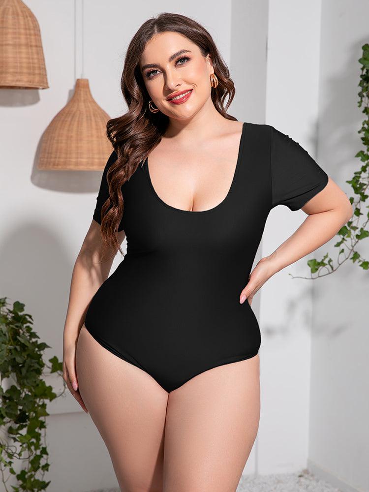 Plus Size Scoop Neck Short Sleeve One-Piece Swimsuit BLUE ZONE PLANET