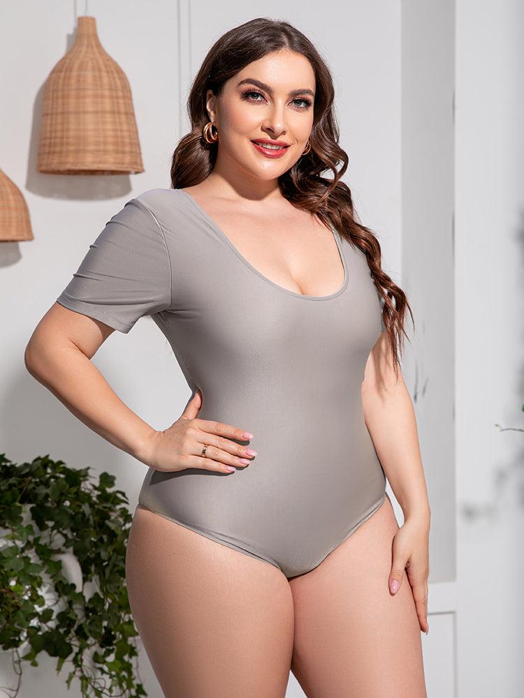 Plus Size Scoop Neck Short Sleeve One-Piece Swimsuit BLUE ZONE PLANET