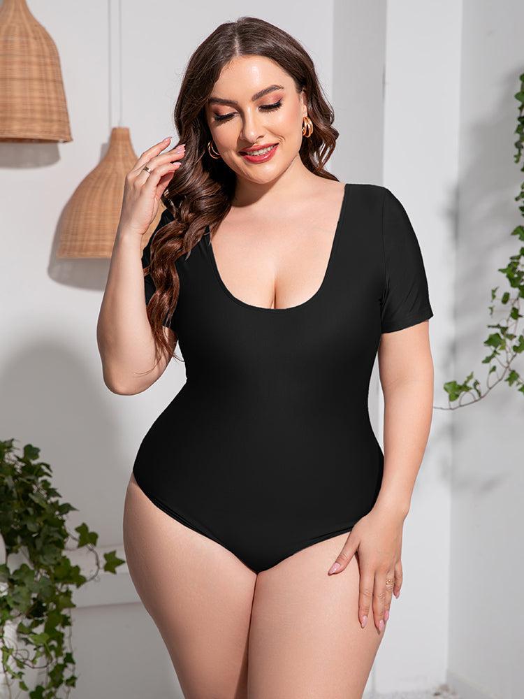 Plus Size Scoop Neck Short Sleeve One-Piece Swimsuit BLUE ZONE PLANET