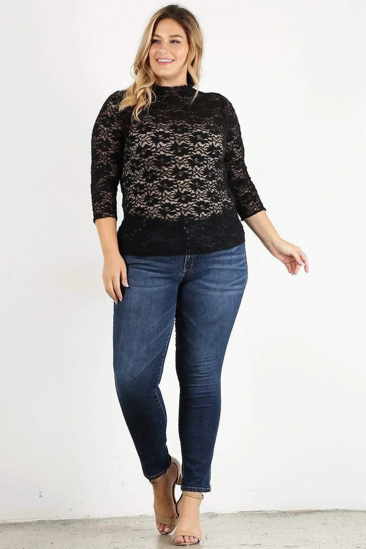 Plus Size Sheer Lace Fitted Top Blue Zone Planet