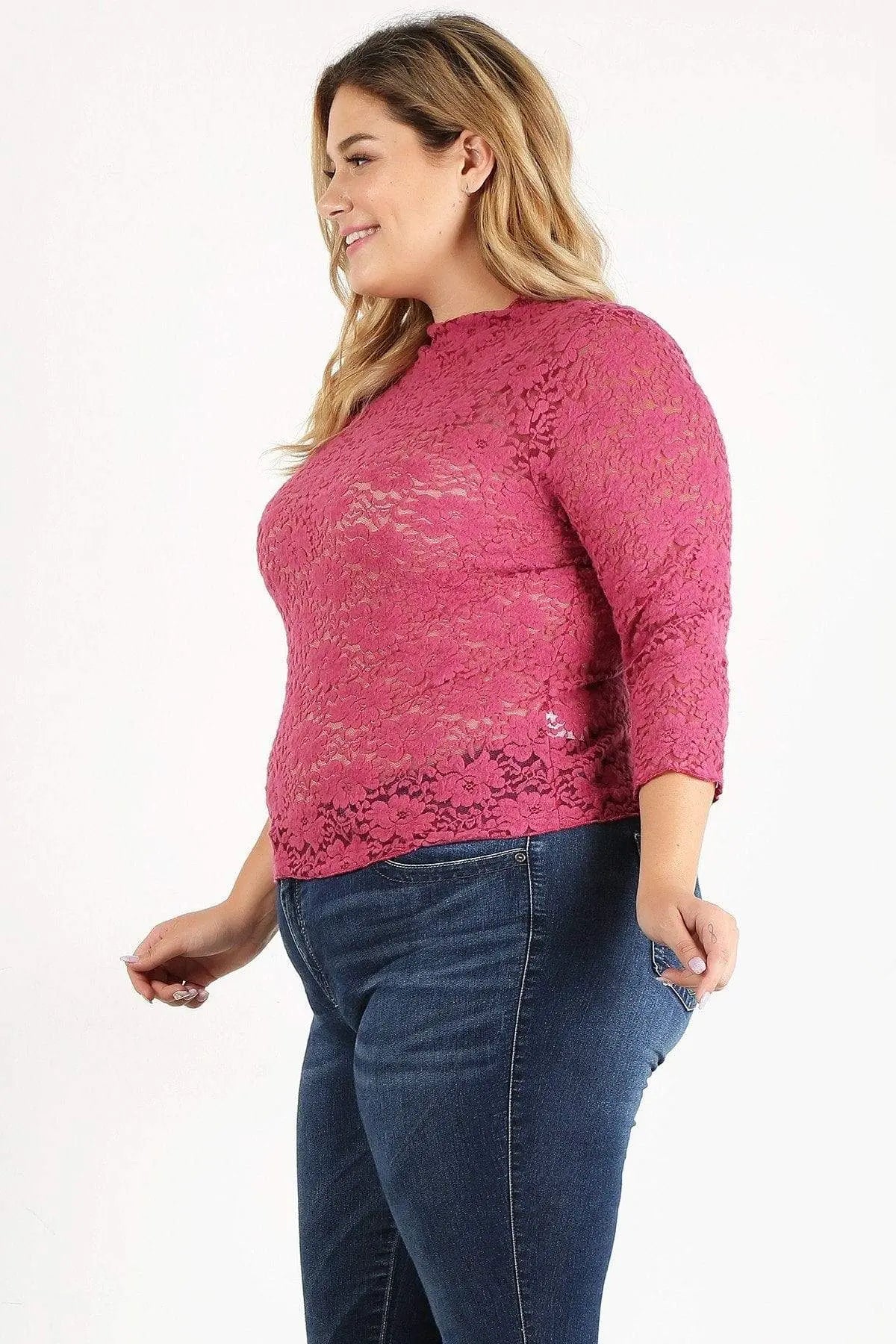 Plus Size Sheer Lace Fitted Top Blue Zone Planet