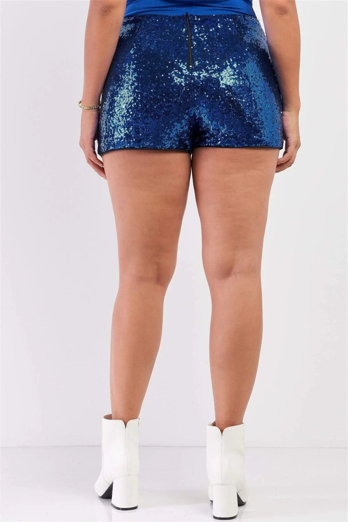 Plus Size Shiny Sequin High Waisted Mini Shorts Blue Zone Planet