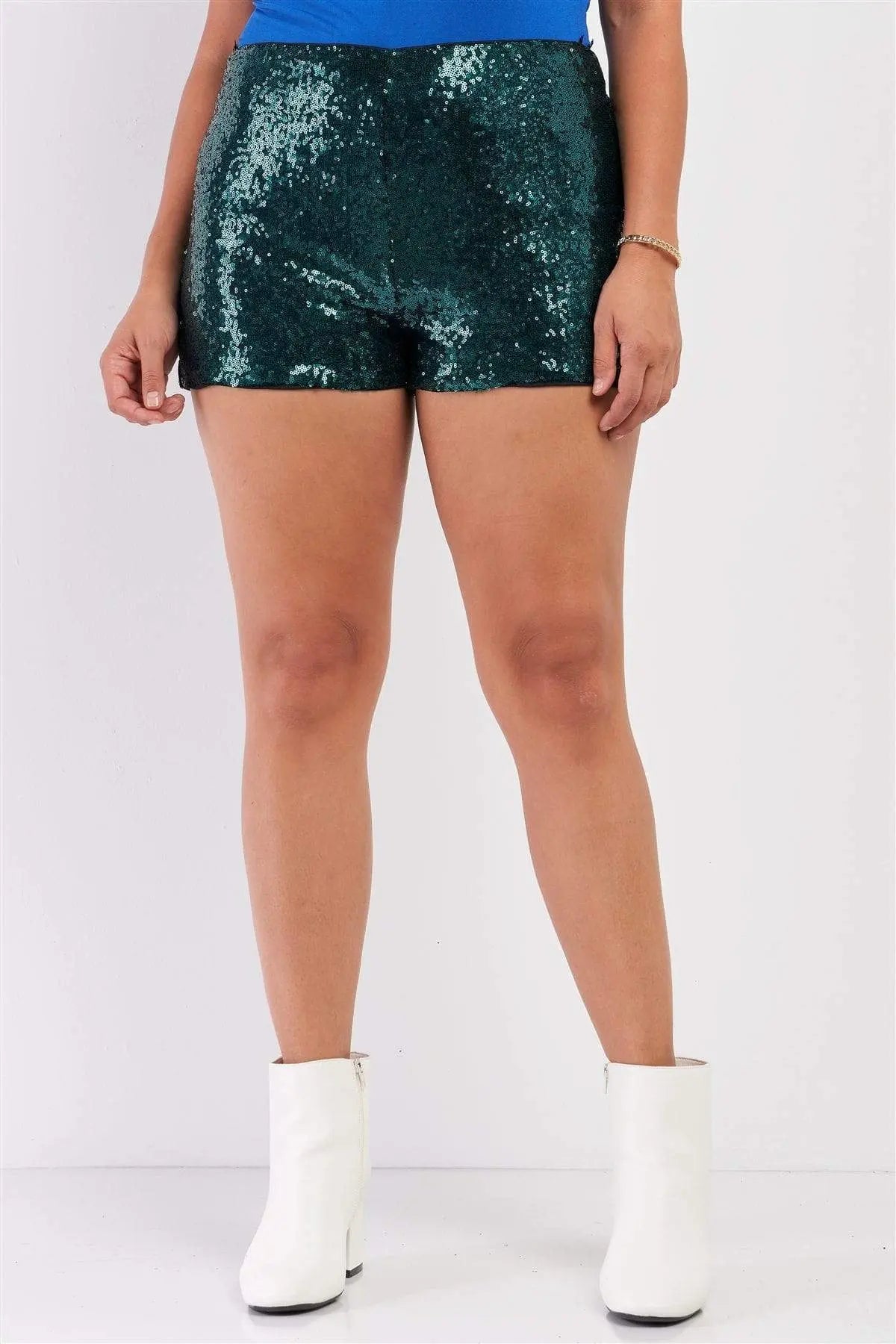 Plus Size Shiny Sequin High Waisted Mini Shorts Blue Zone Planet