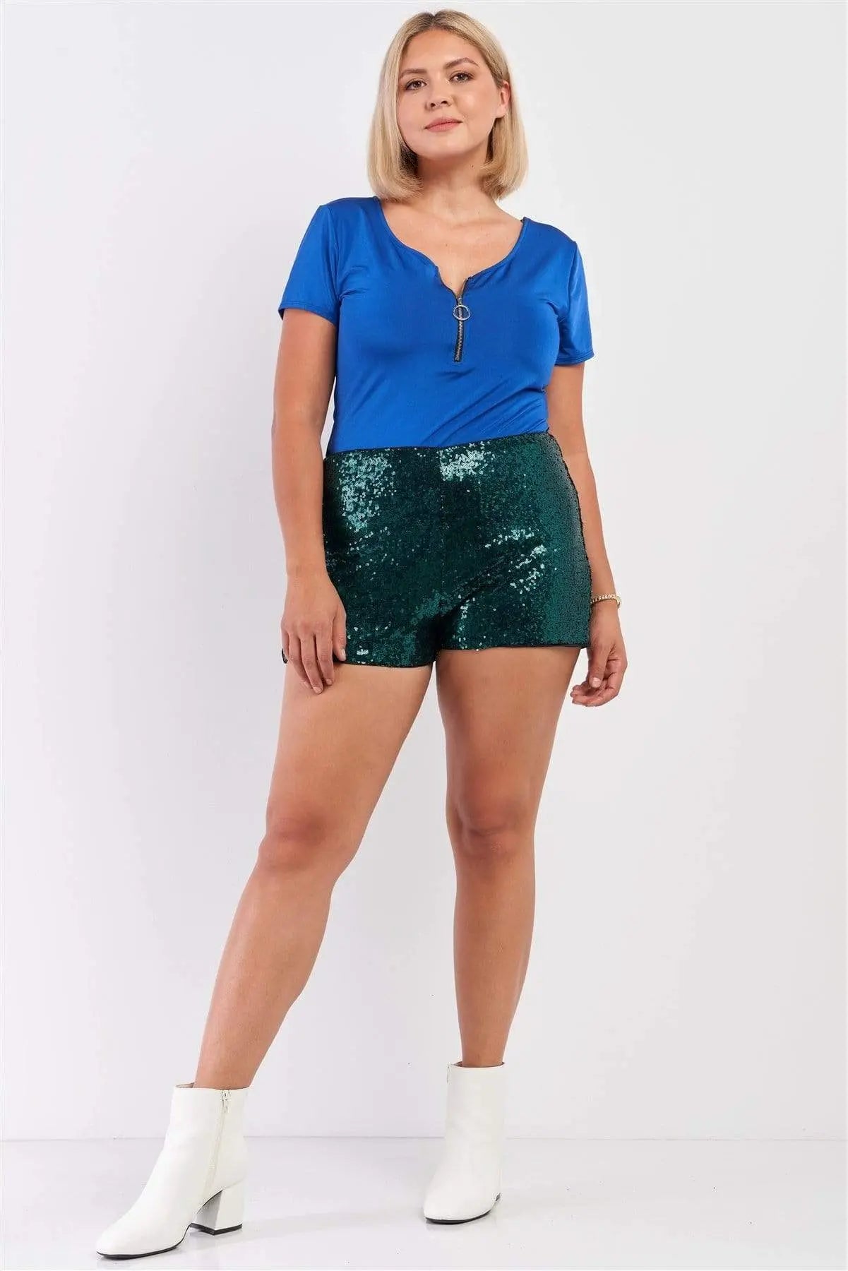 Plus Size Shiny Sequin High Waisted Mini Shorts Blue Zone Planet