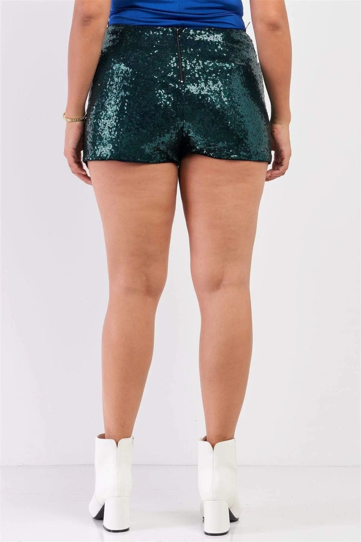 Plus Size Shiny Sequin High Waisted Mini Shorts Blue Zone Planet