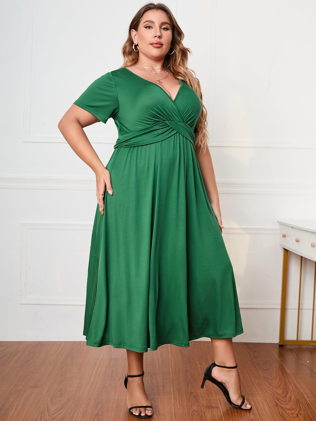 Plus Size Short Sleeve Surplice Neck Midi Dress BLUE ZONE PLANET