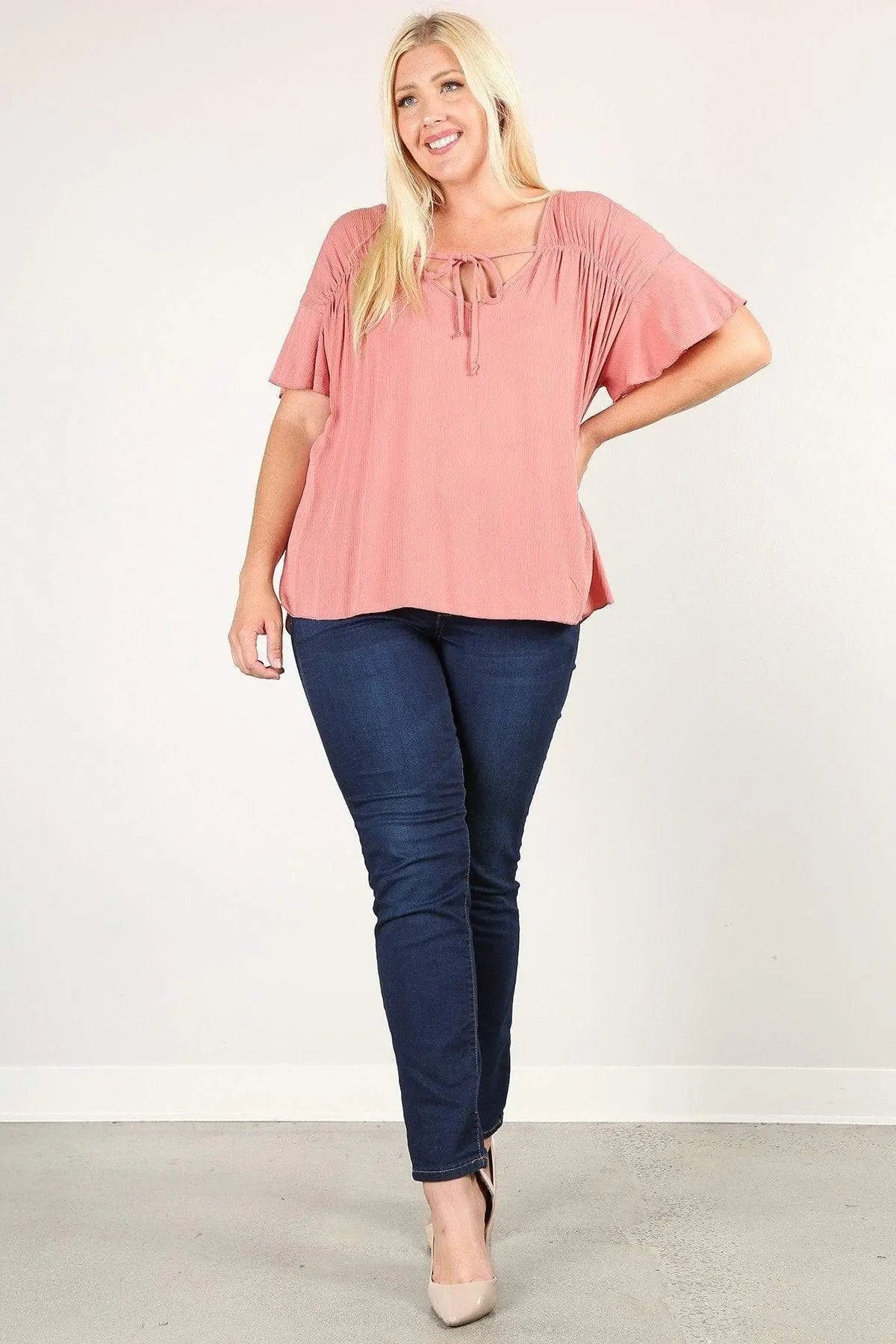 Plus Size Solid Top With A Necktie, Pleated Detail, And Flutter Sleeves Blue Zone Planet