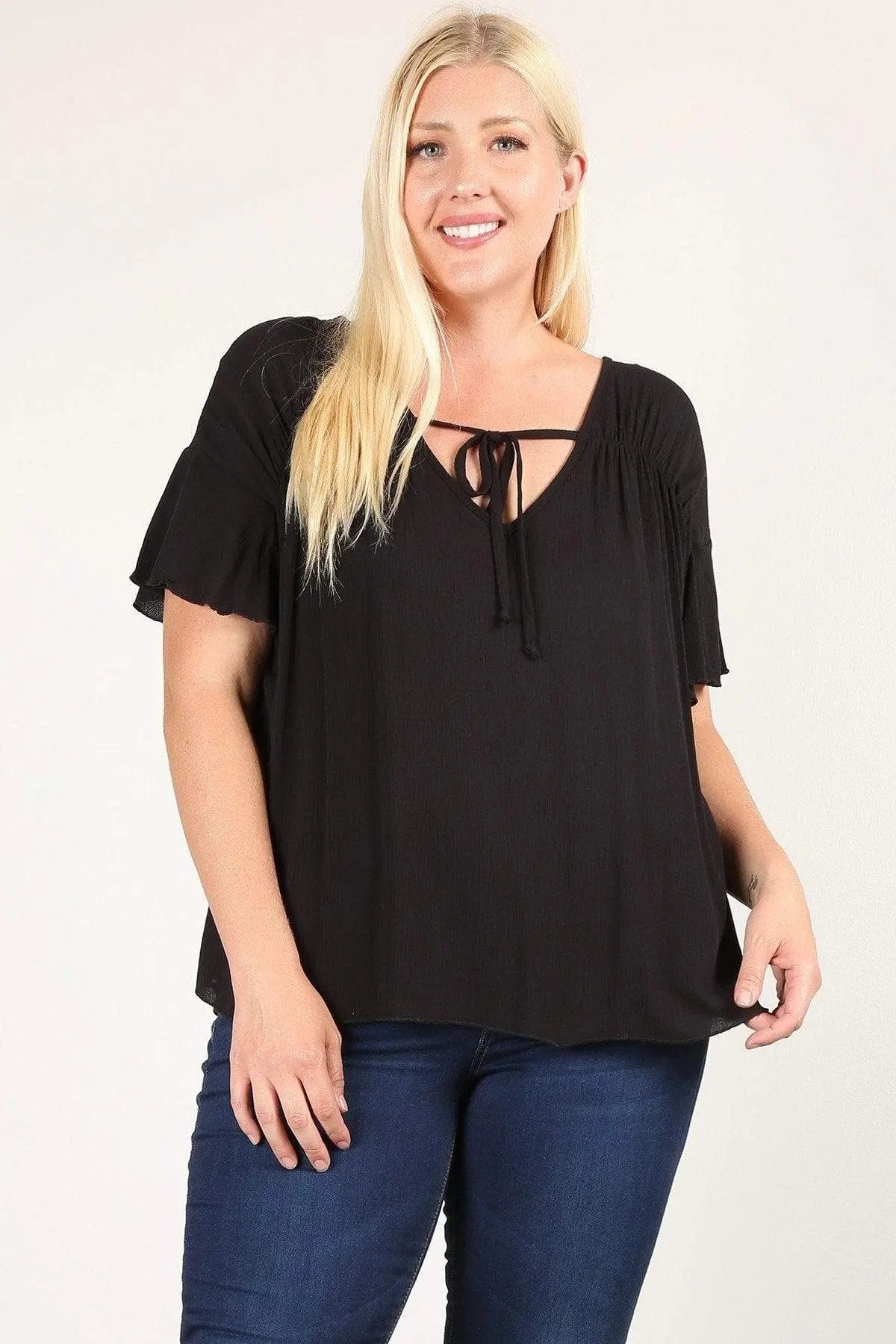 Plus Size Solid Top With A Necktie, Pleated Detail, And Flutter Sleeves Blue Zone Planet