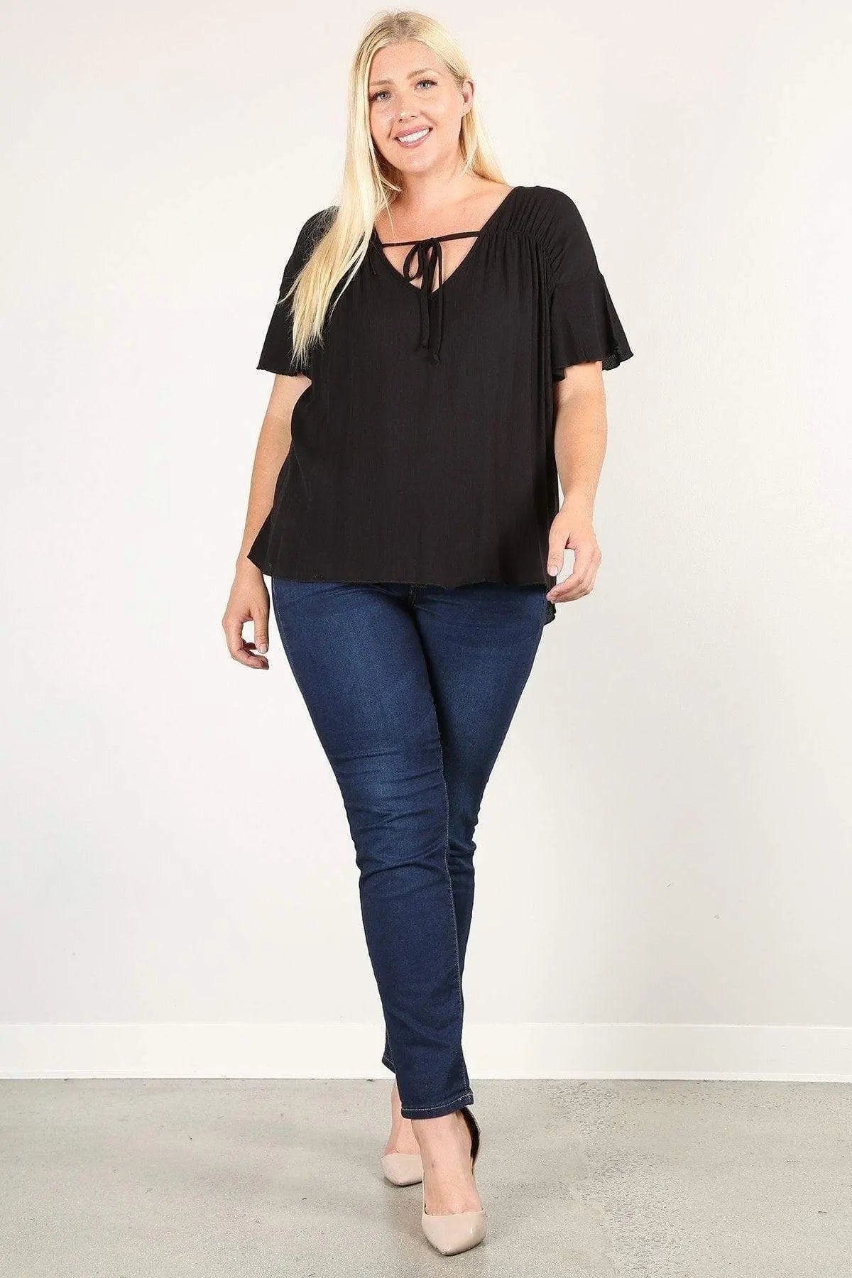 Plus Size Solid Top With A Necktie, Pleated Detail, And Flutter Sleeves Blue Zone Planet