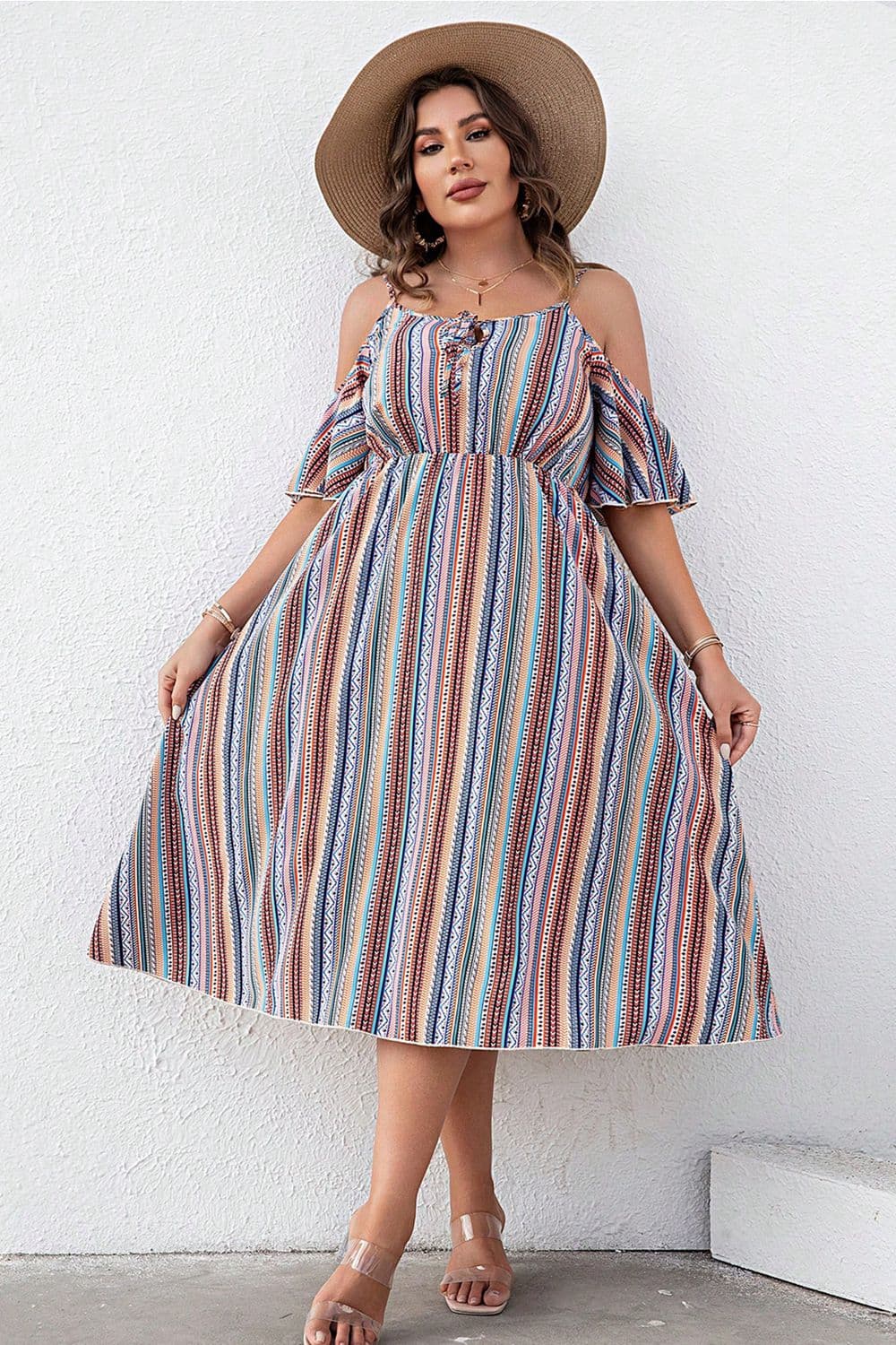 Plus Size Striped Cold-Shoulder Dress BLUE ZONE PLANET