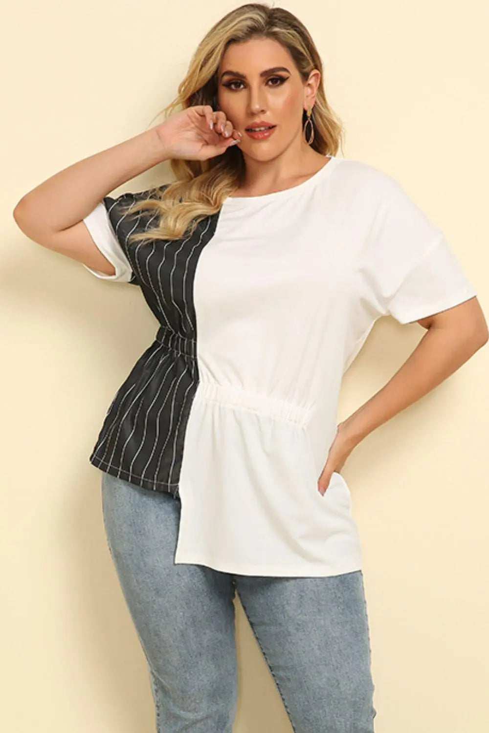 Plus Size Striped Color Block Asymmetrical T-Shirt BLUE ZONE PLANET