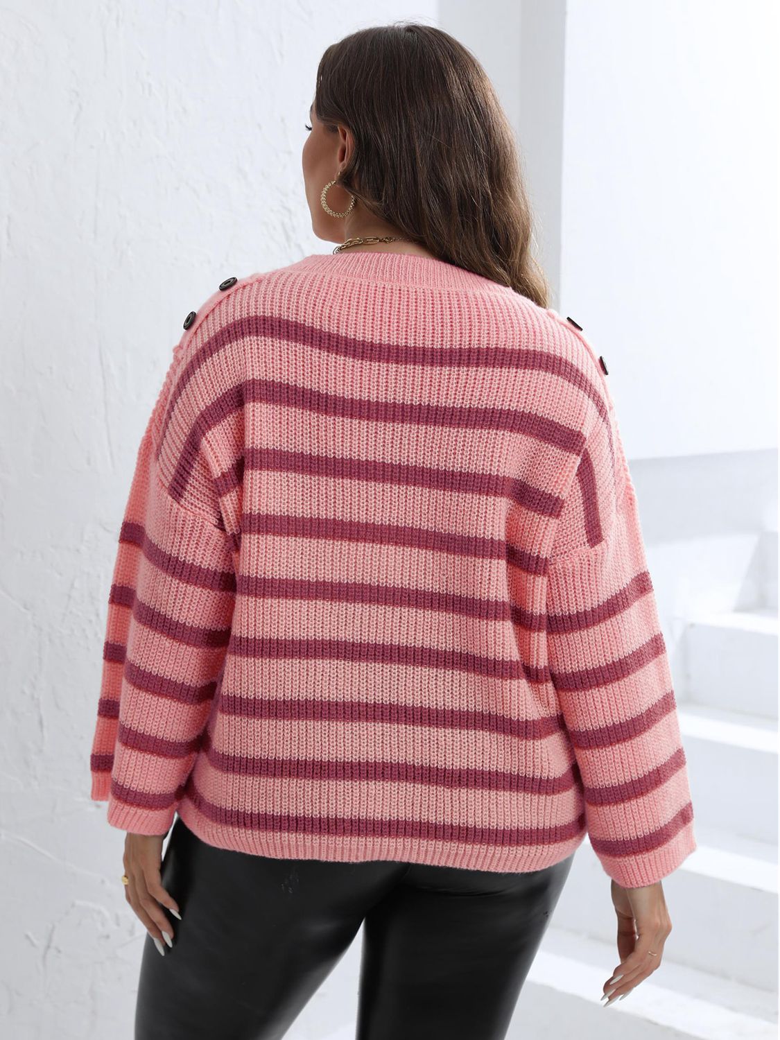 Plus Size Striped Dropped Shoulder Sweater BLUE ZONE PLANET