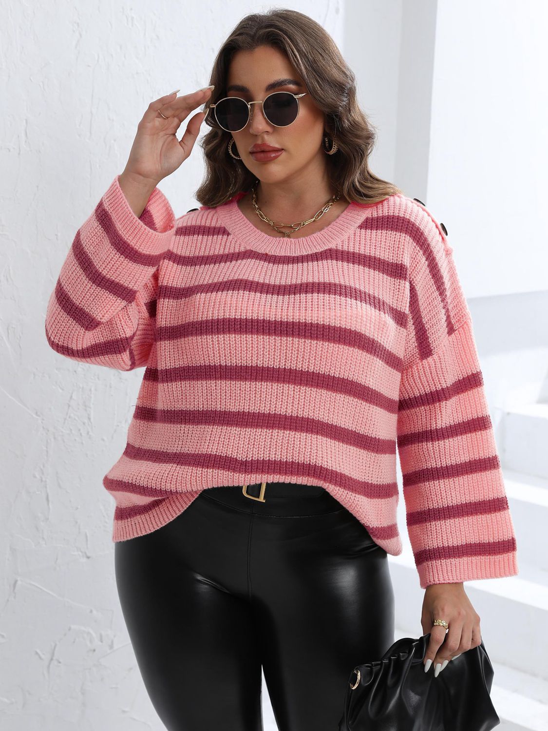 Plus Size Striped Dropped Shoulder Sweater BLUE ZONE PLANET