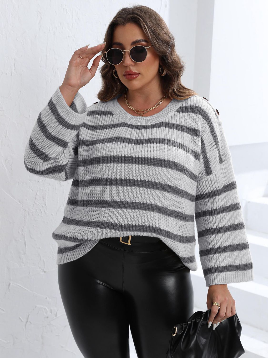 Plus Size Striped Dropped Shoulder Sweater BLUE ZONE PLANET