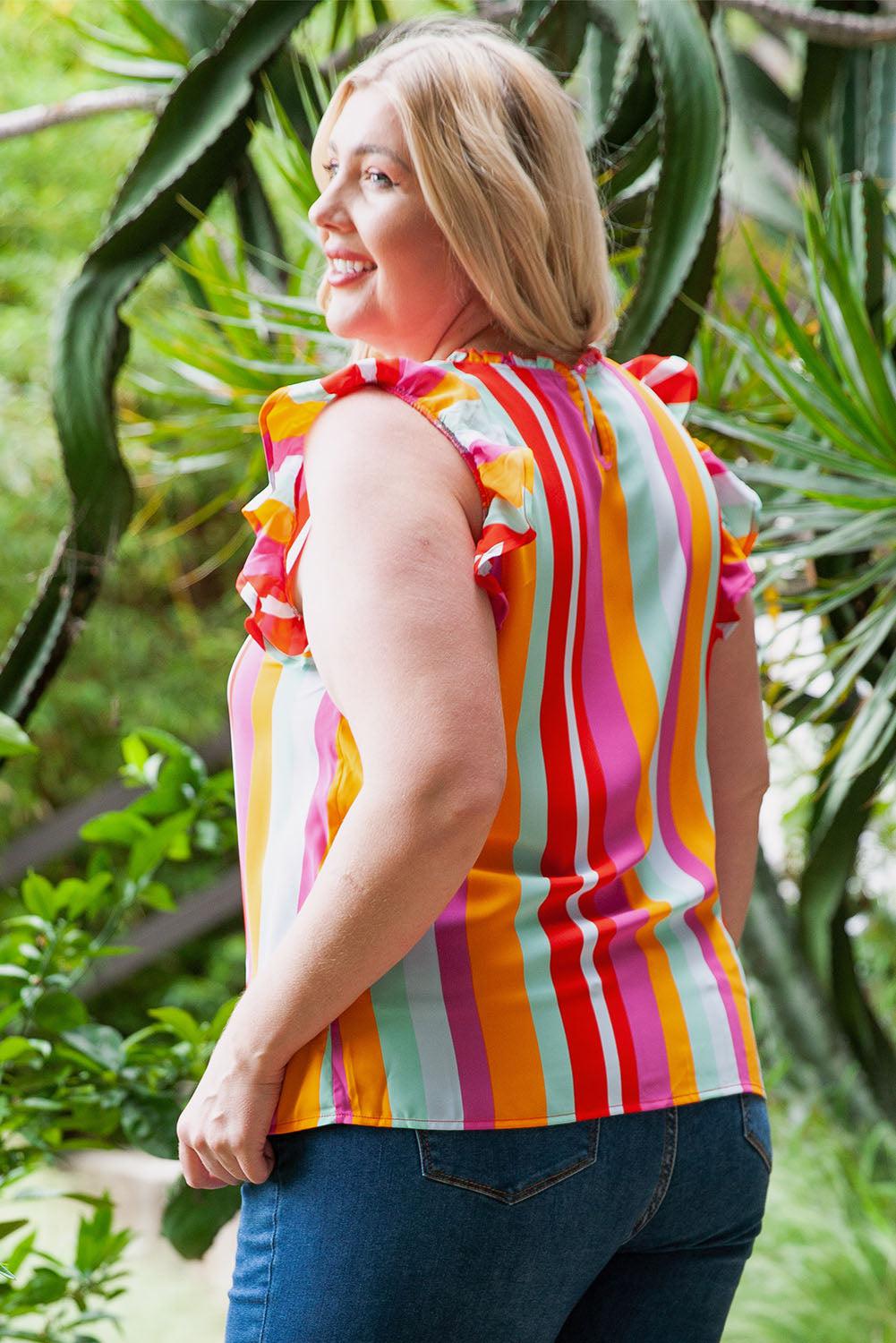 Plus Size Striped Round Neck Ruffled Tank BLUE ZONE PLANET