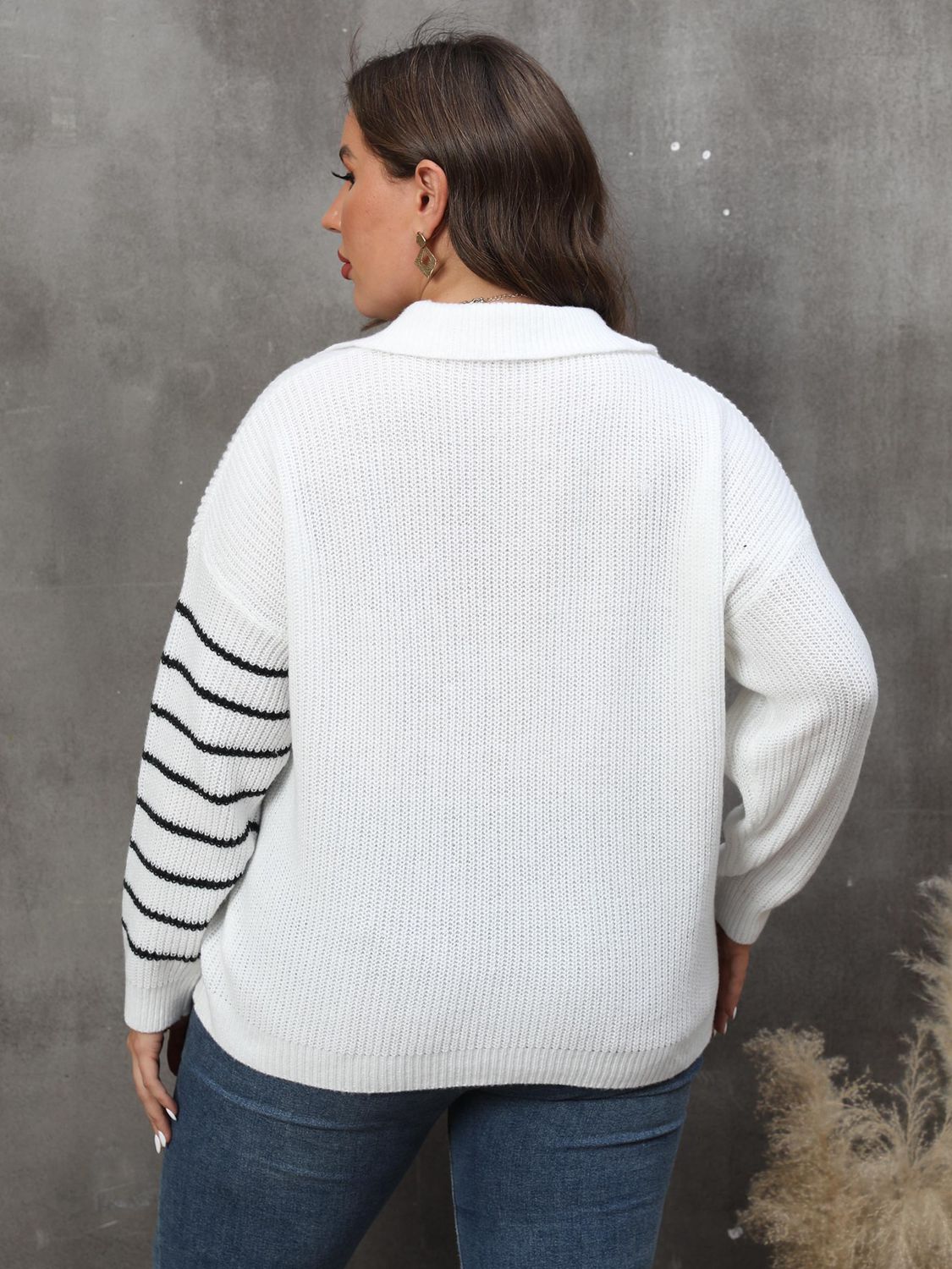 Plus Size Striped V-Neck Sweater BLUE ZONE PLANET