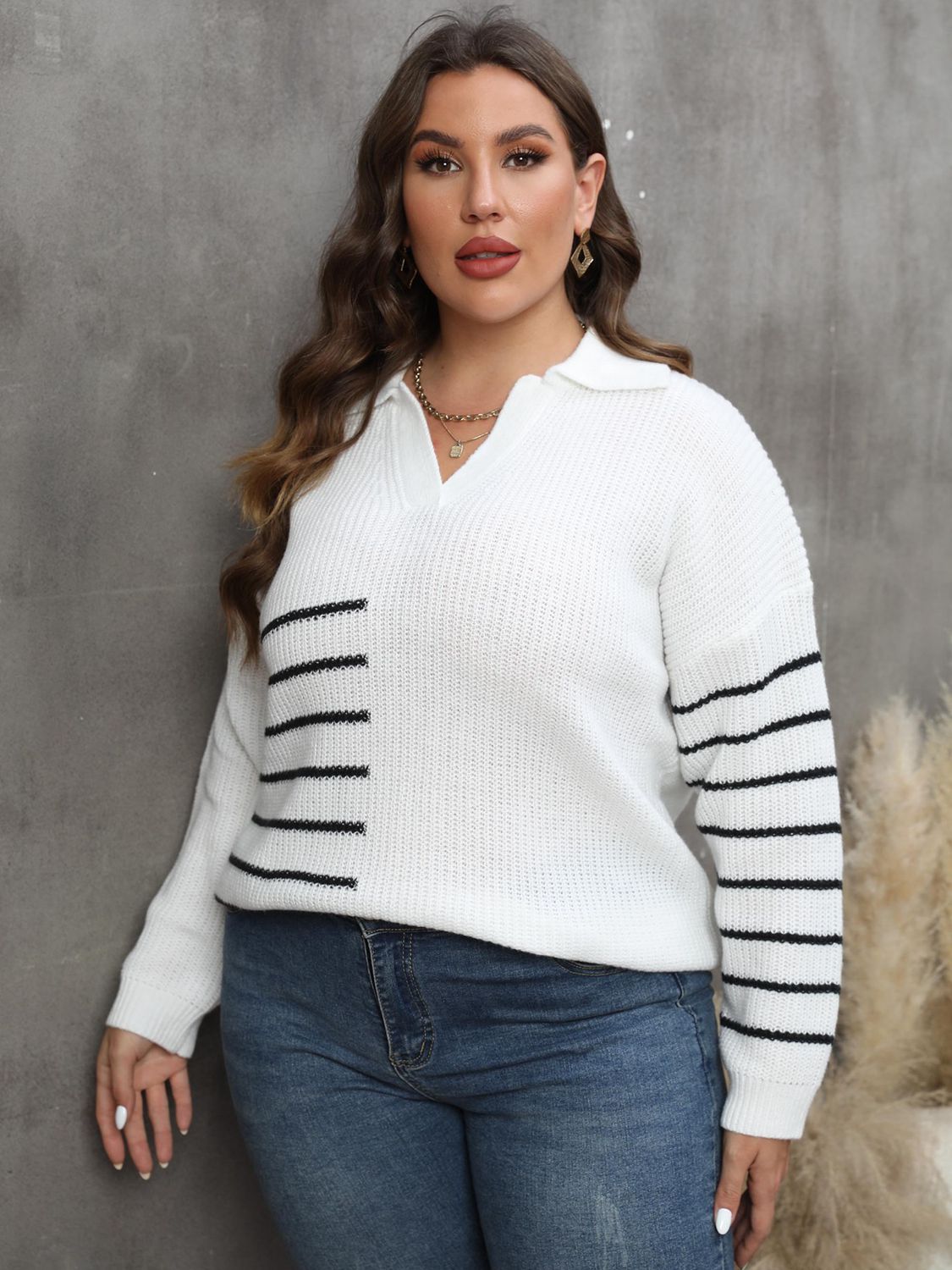 Plus Size Striped V-Neck Sweater BLUE ZONE PLANET