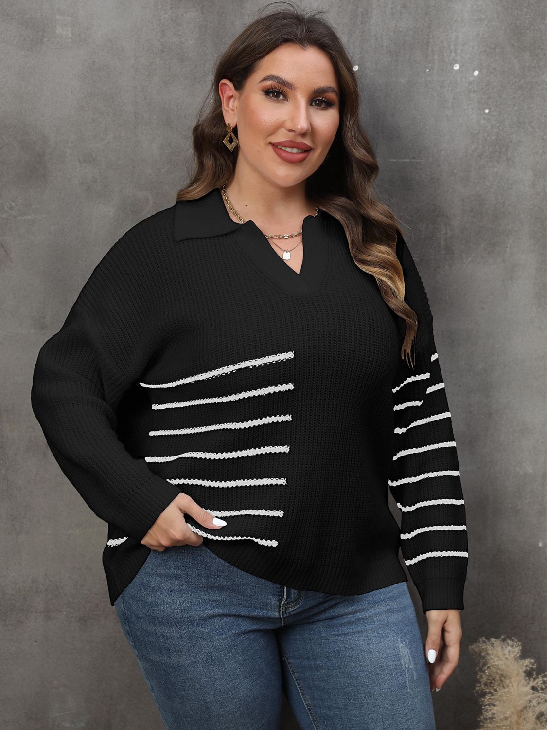 Plus Size Striped V-Neck Sweater BLUE ZONE PLANET