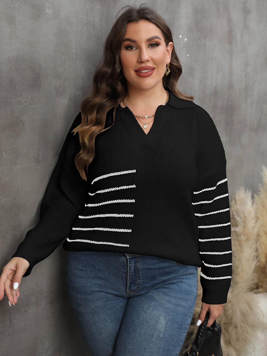 Plus Size Striped V-Neck Sweater BLUE ZONE PLANET