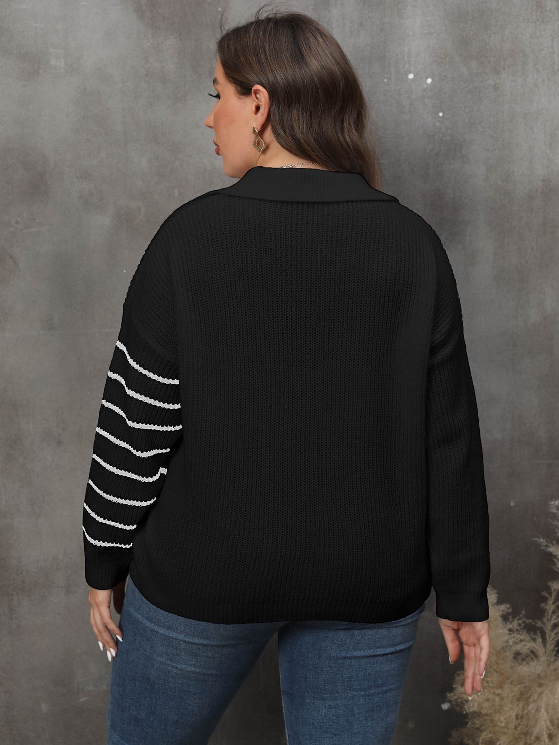 Plus Size Striped V-Neck Sweater BLUE ZONE PLANET