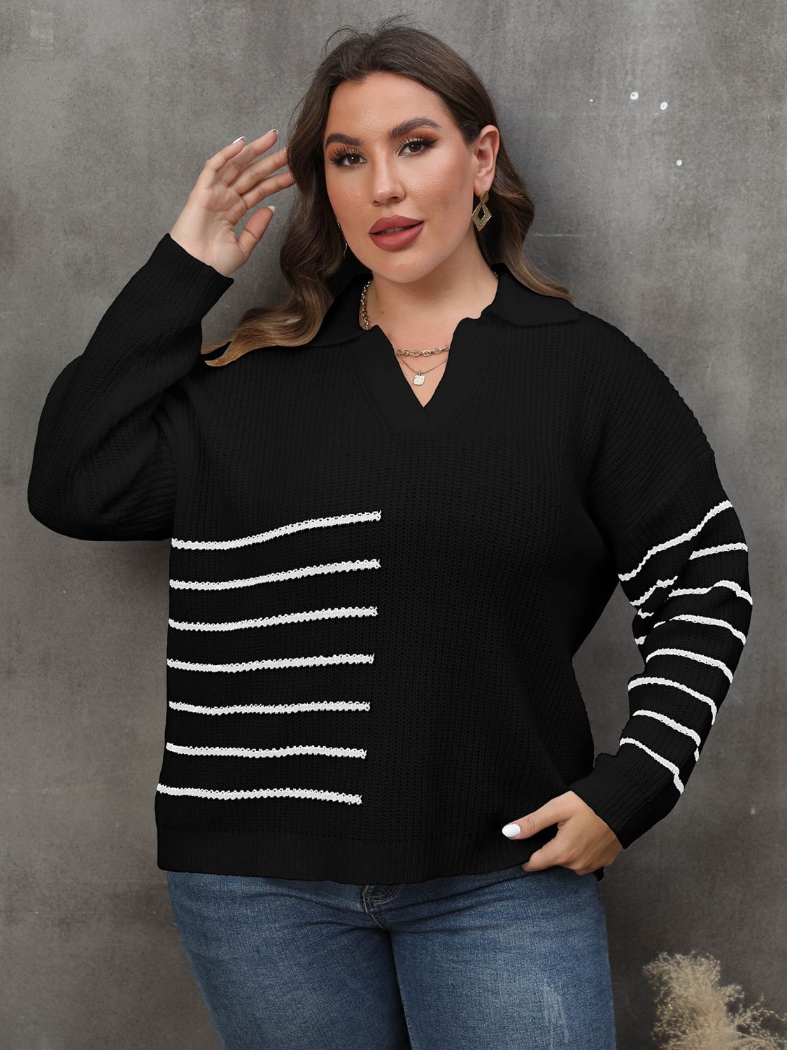 Plus Size Striped V-Neck Sweater BLUE ZONE PLANET