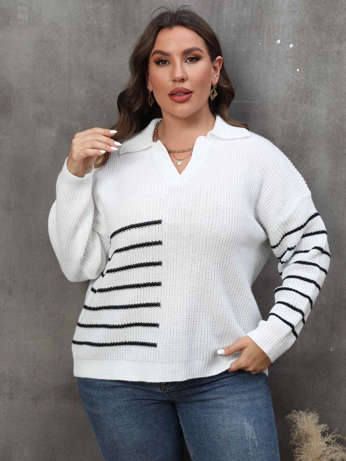 Plus Size Striped V-Neck Sweater BLUE ZONE PLANET