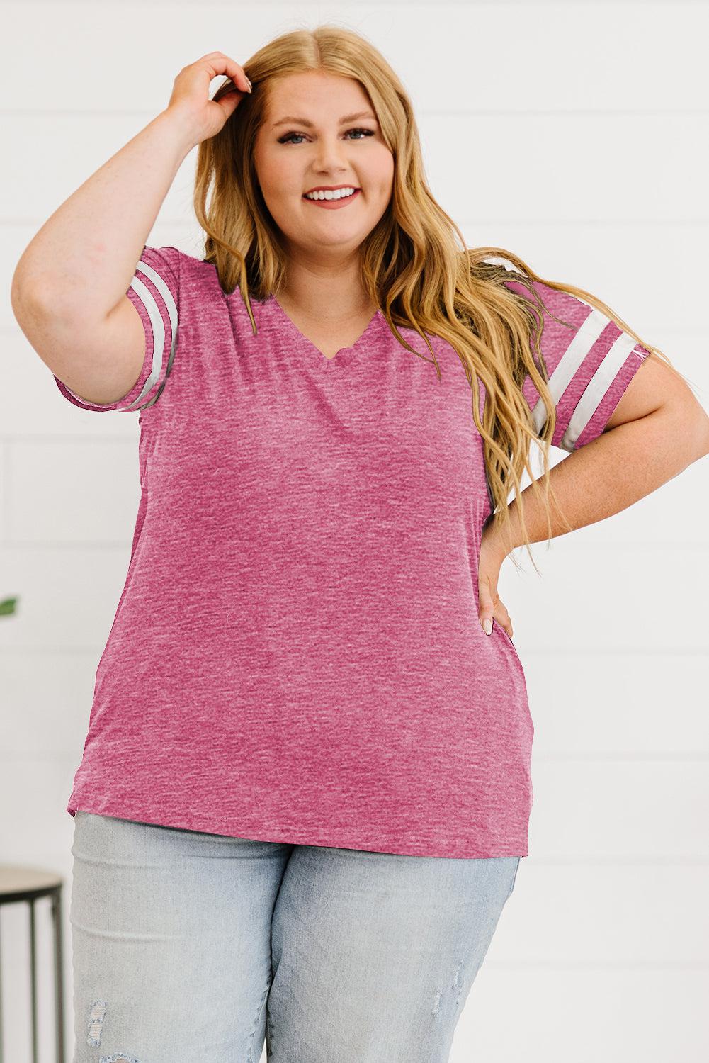 Plus Size Striped V-Neck Tee Shirt BLUE ZONE PLANET