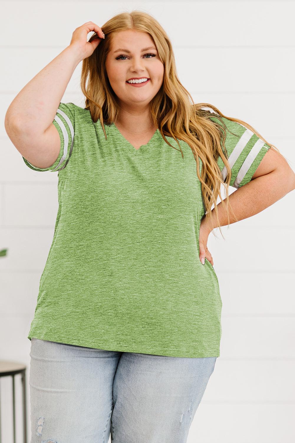 Plus Size Striped V-Neck Tee Shirt BLUE ZONE PLANET