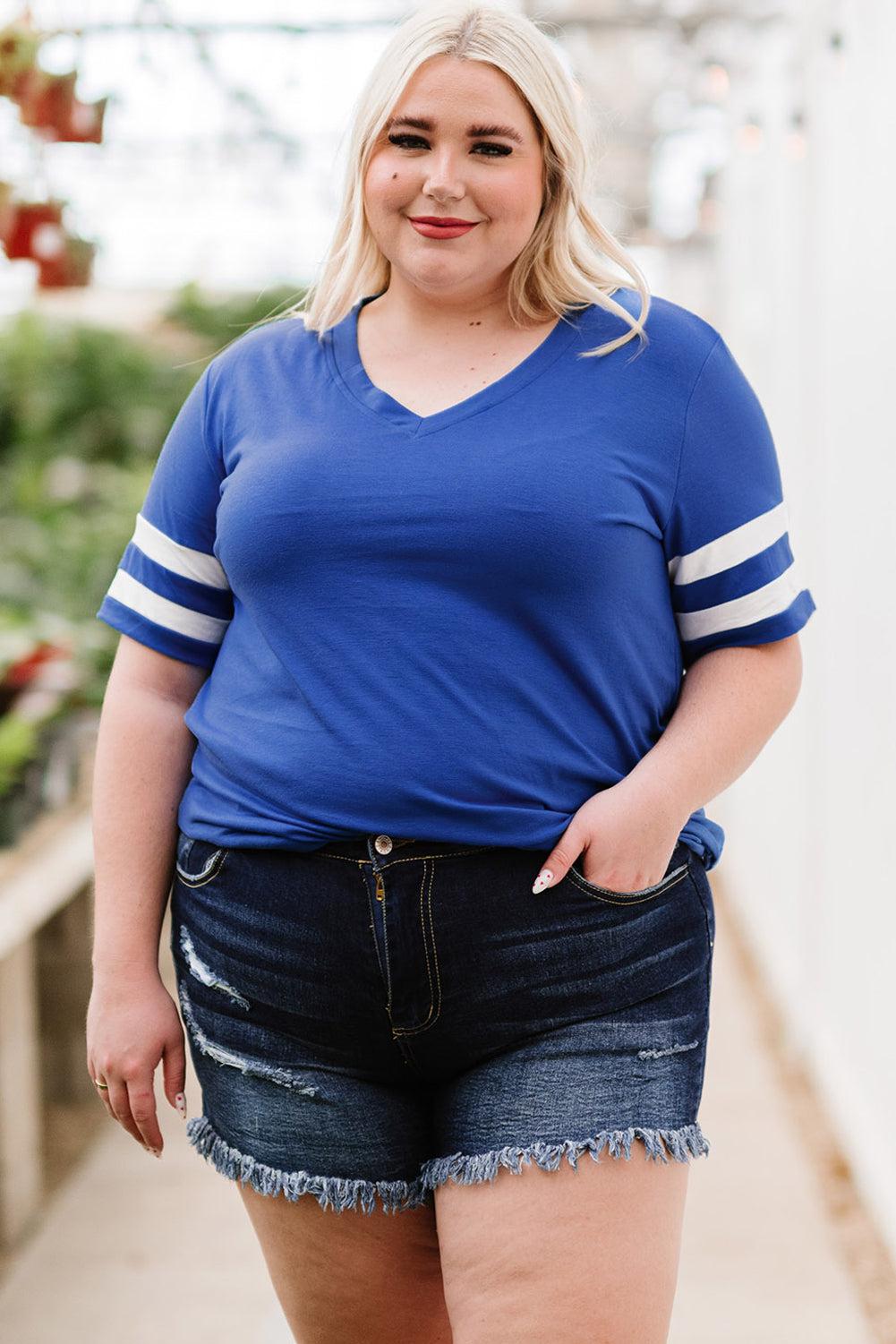 Plus Size Striped V-Neck Tee Shirt BLUE ZONE PLANET