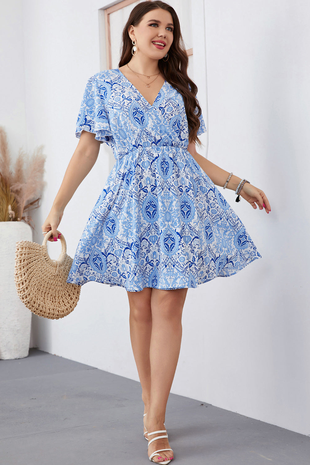 Plus Size Surplice Neck Flutter Sleeve Dress BLUE ZONE PLANET