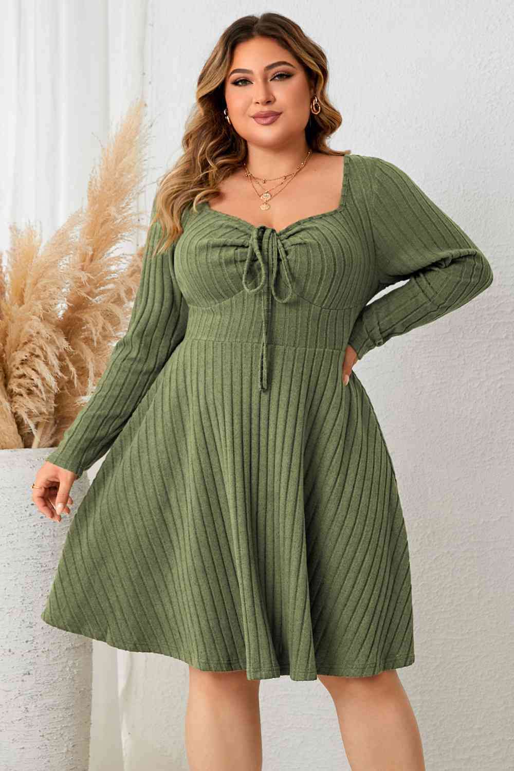 Plus Size Sweetheart Neck Long Sleeve Ribbed Dress BLUE ZONE PLANET