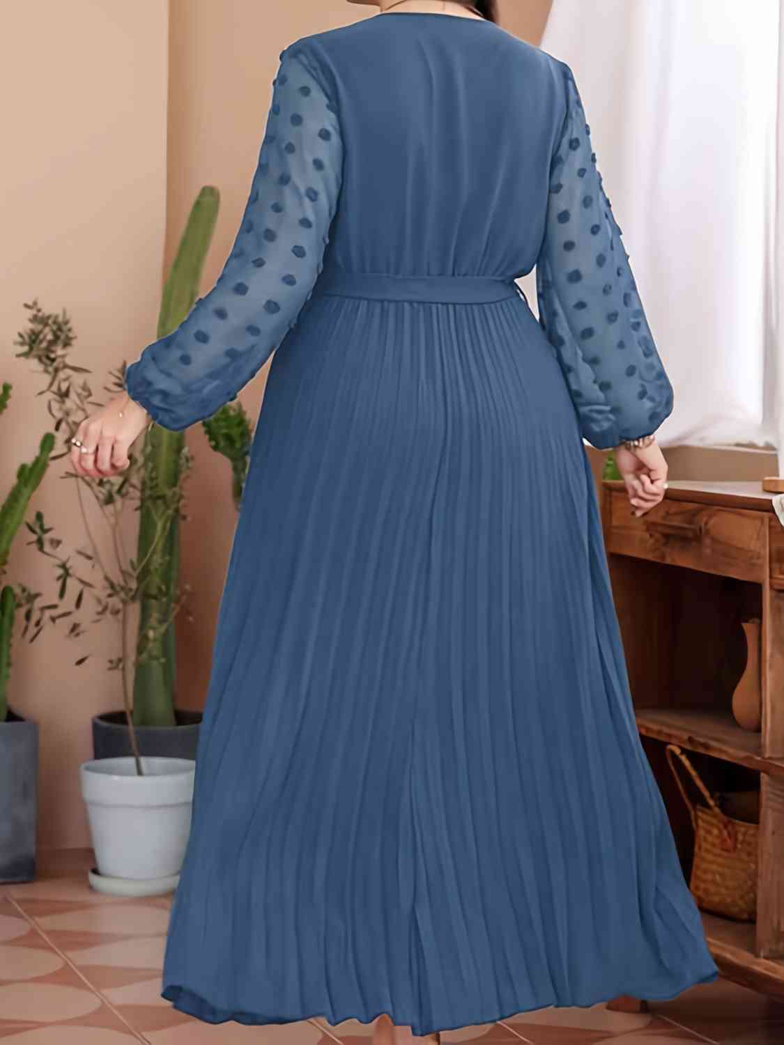 Plus Size Swiss Dot Tie Waist Maxi Dress BLUE ZONE PLANET