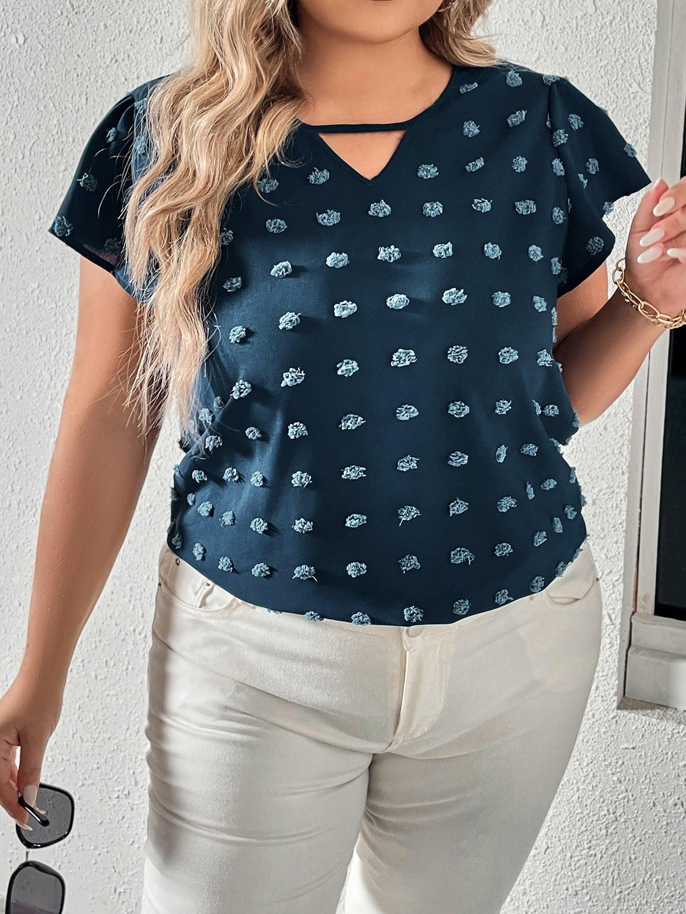 Plus Size Swiss Dot V-Neck Flutter Sleeve Tee BLUE ZONE PLANET
