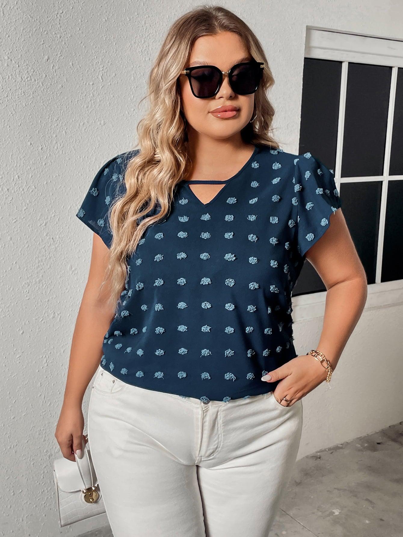 Plus Size Swiss Dot V-Neck Flutter Sleeve Tee BLUE ZONE PLANET