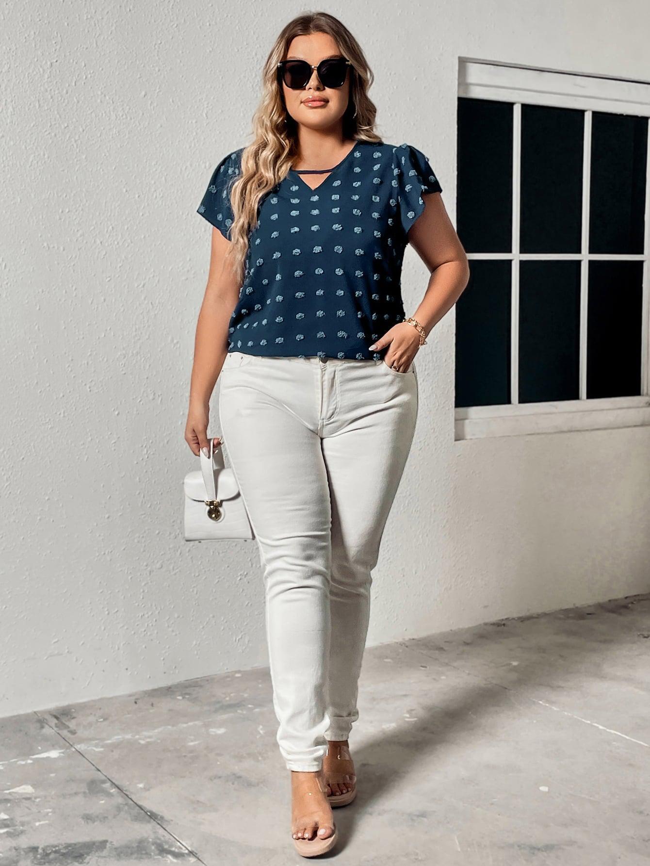 Plus Size Swiss Dot V-Neck Flutter Sleeve Tee BLUE ZONE PLANET