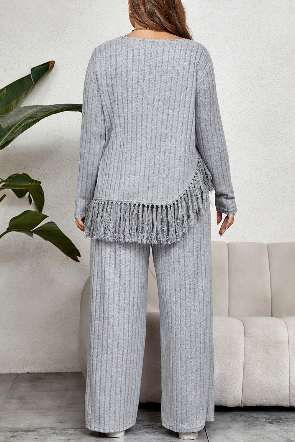 Plus Size Tassel Hem Top and Pants Set BLUE ZONE PLANET