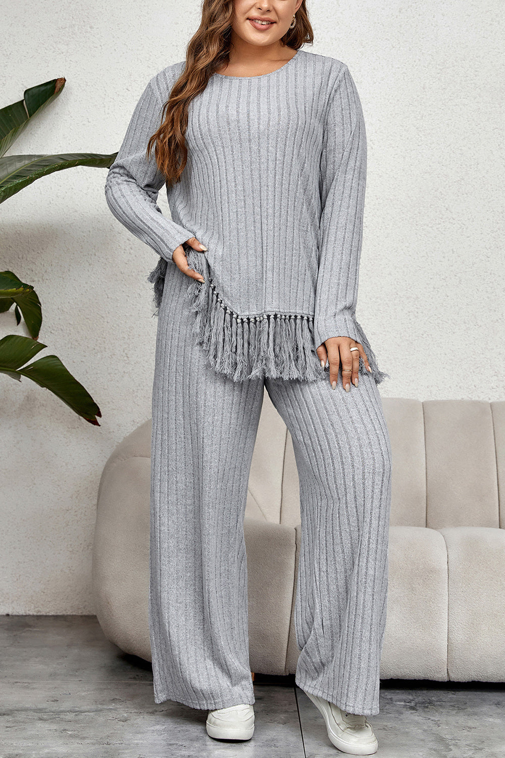 Plus Size Tassel Hem Top and Pants Set BLUE ZONE PLANET