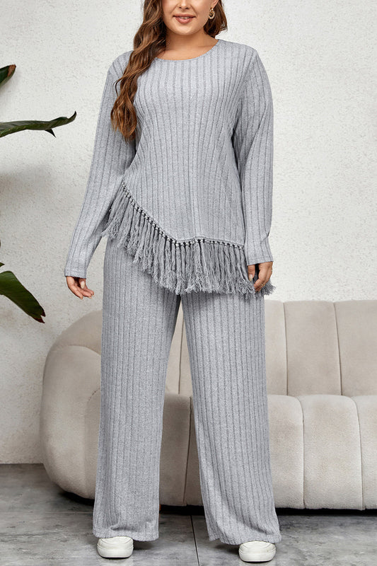 Plus Size Tassel Hem Top and Pants Set BLUE ZONE PLANET