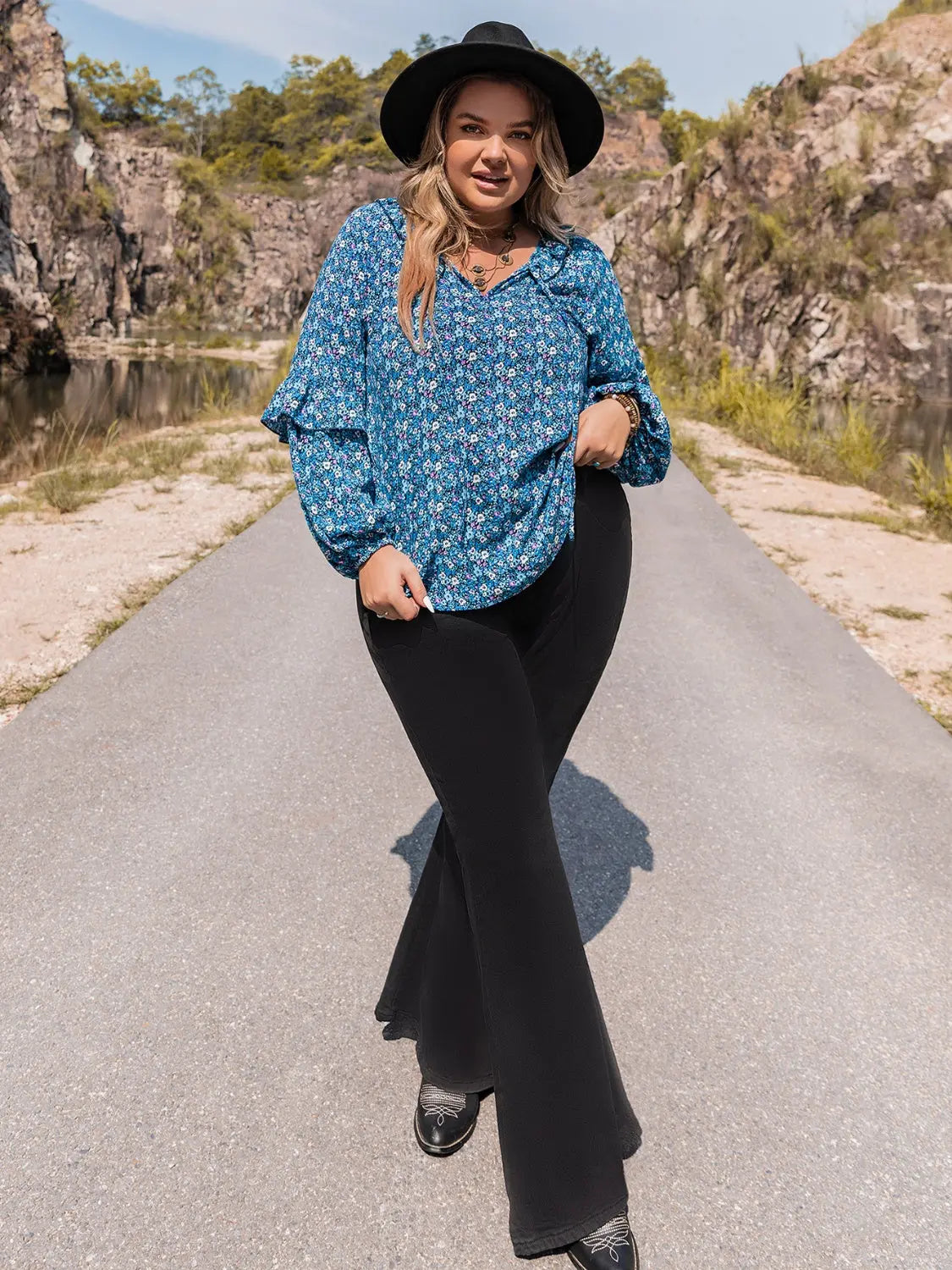 Plus Size Tie Neck Ruffled Blouse BLUE ZONE PLANET