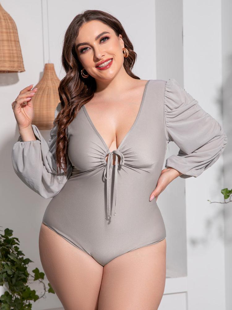 Plus Size Tied Deep V Balloon Sleeve One-Piece Swimsuit BLUE ZONE PLANET