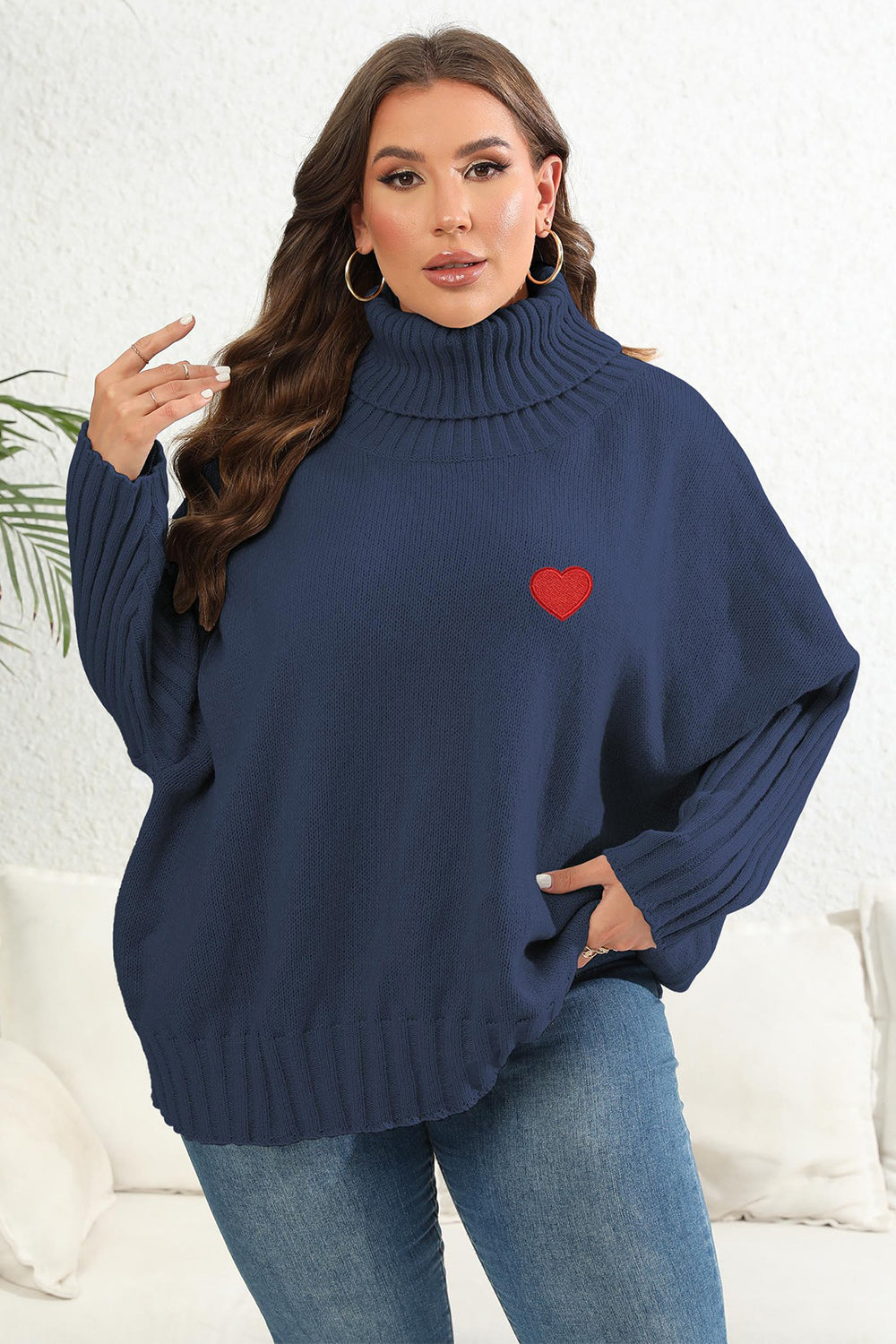 Plus Size Turtle Neck Long Sleeve Sweater BLUE ZONE PLANET