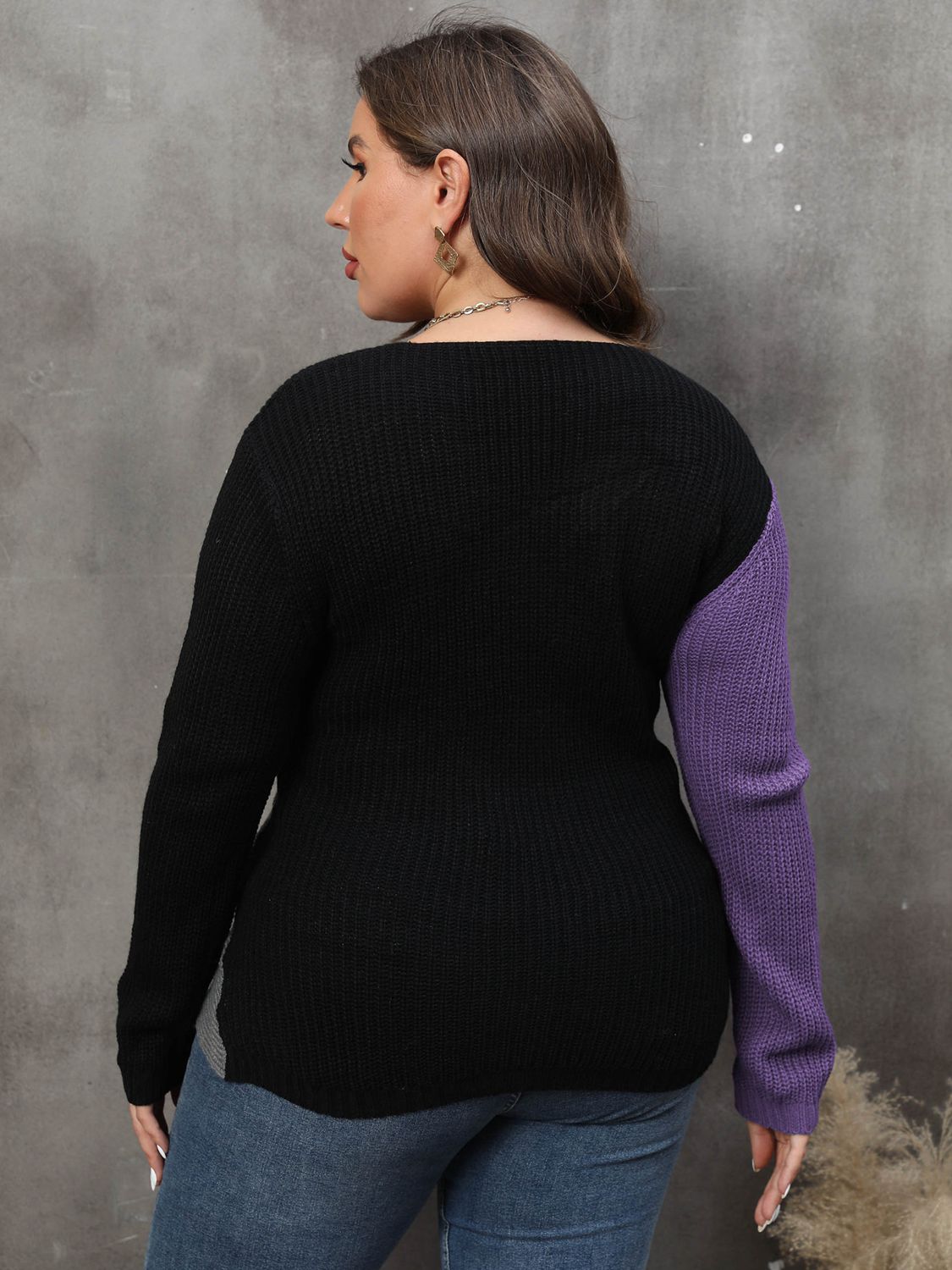 Plus Size Two-Tone Surplice Neck Sweater BLUE ZONE PLANET