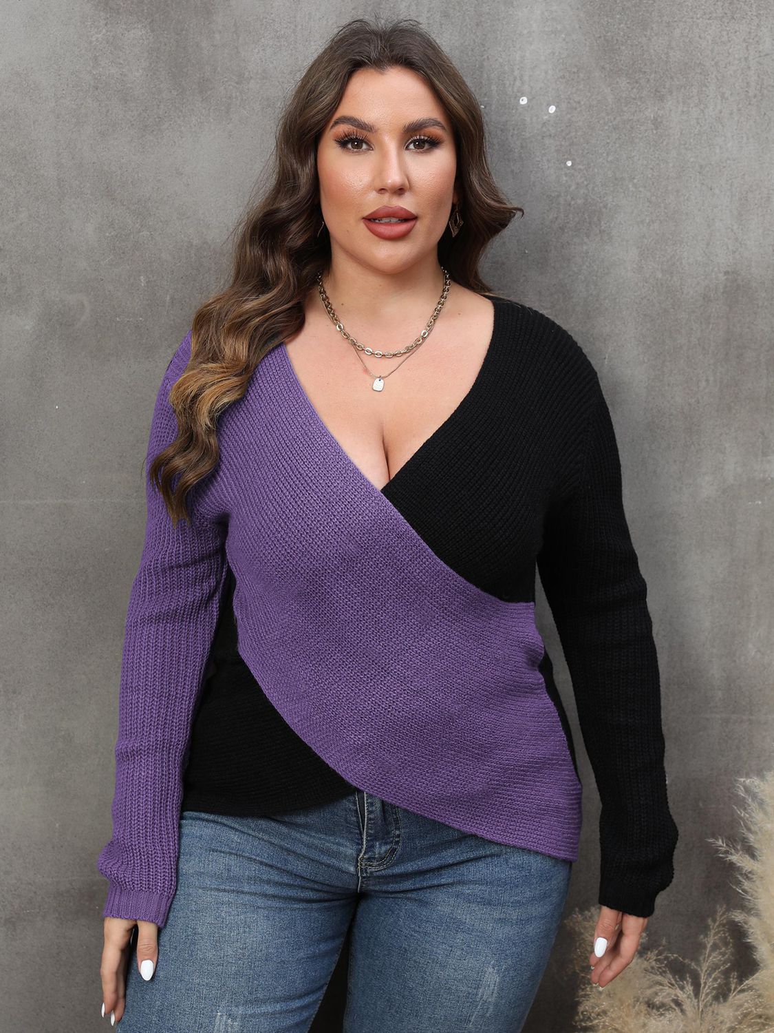 Plus Size Two-Tone Surplice Neck Sweater BLUE ZONE PLANET