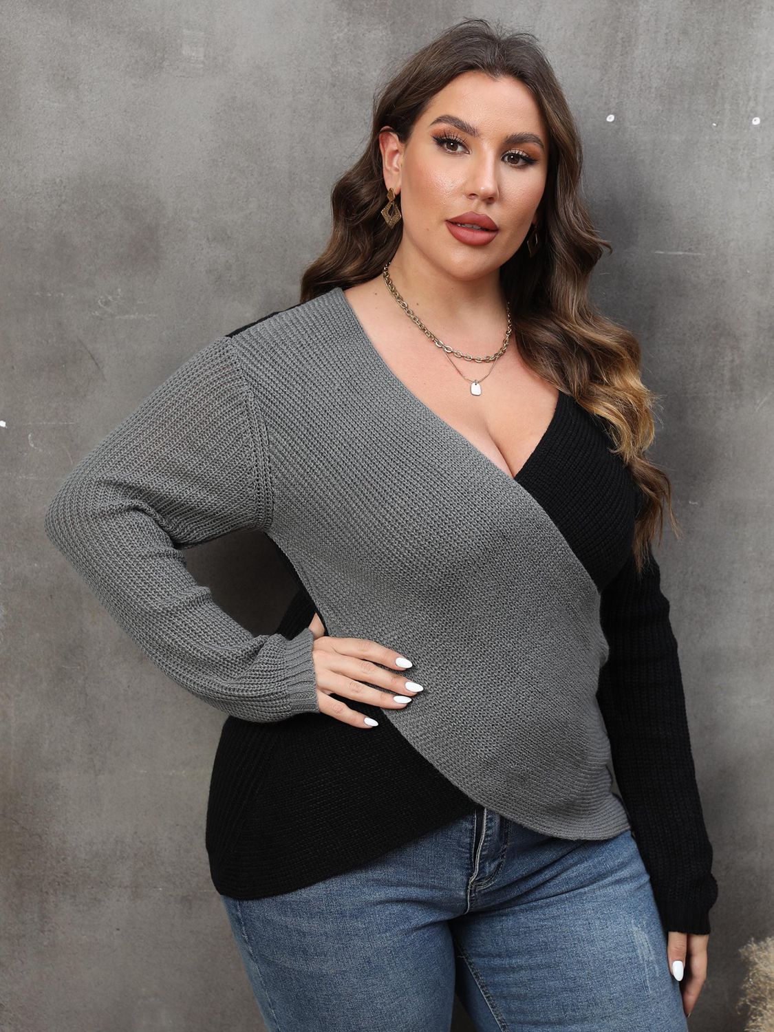 Plus Size Two-Tone Surplice Neck Sweater BLUE ZONE PLANET