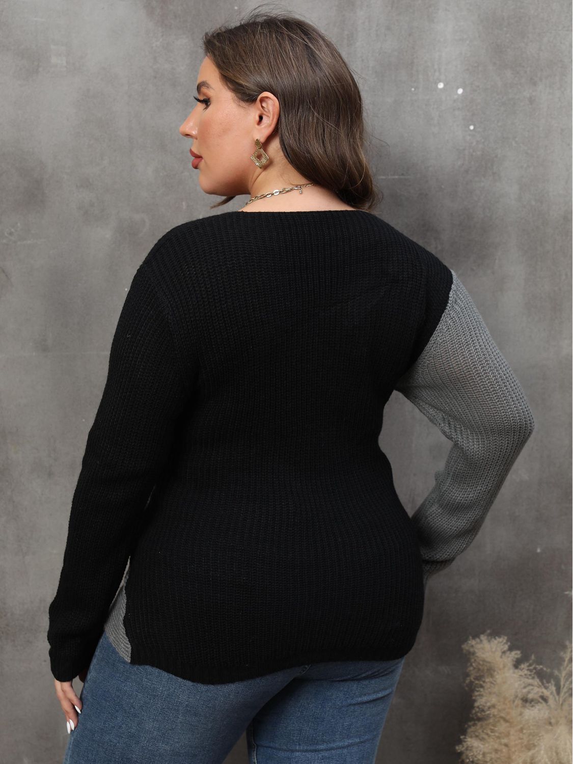 Plus Size Two-Tone Surplice Neck Sweater BLUE ZONE PLANET